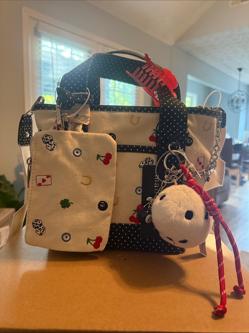 Madden Girl Cream & Black Polka Dot Crossbody Bag with Cherry Print